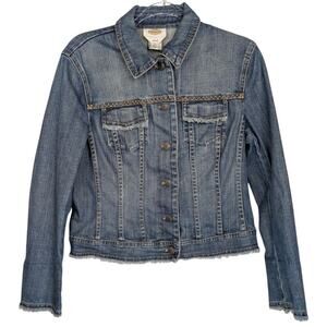 Vintage Talbots 8 Jacket Jean Denim Women Embroidered Raw Edge Slit
